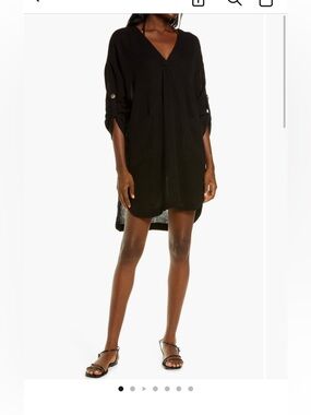Seafolly Essential Cover Up Black Swim Coverup Dress Size Large Cotton Gauze